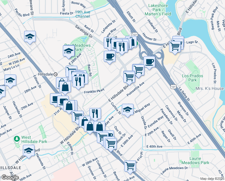map of restaurants, bars, coffee shops, grocery stores, and more near 134 Mclellan Avenue in San Mateo