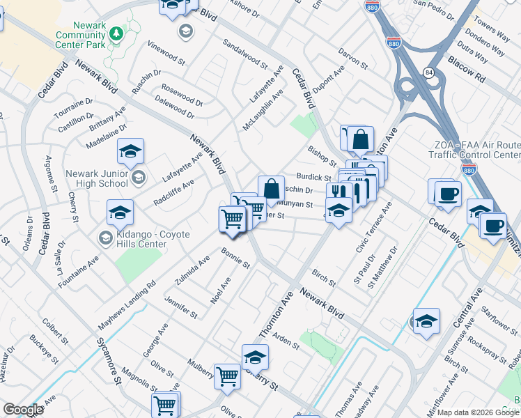 map of restaurants, bars, coffee shops, grocery stores, and more near 36630 Hafner Street in Newark