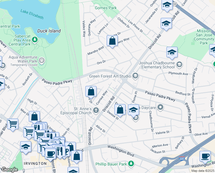 map of restaurants, bars, coffee shops, grocery stores, and more near 2253 Kalenda Common in Fremont