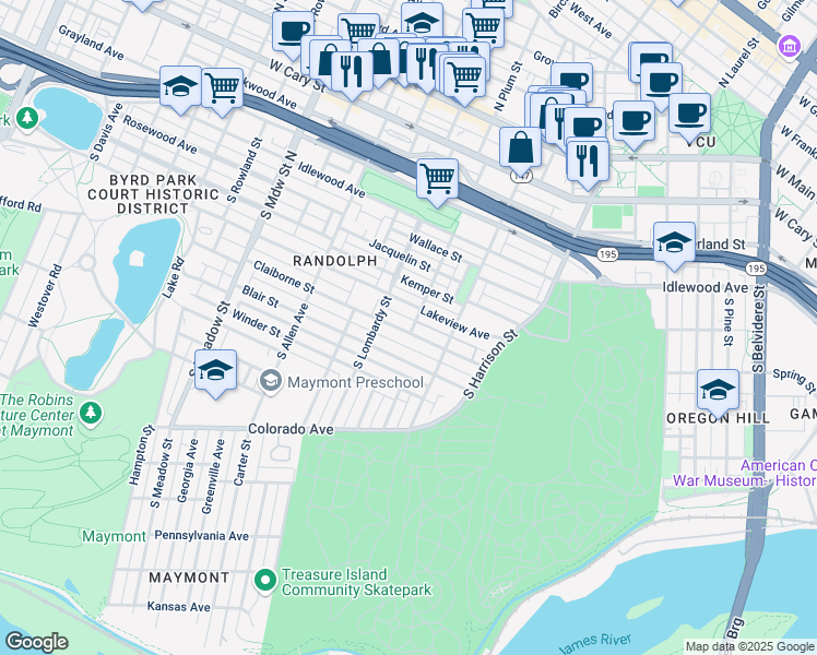 map of restaurants, bars, coffee shops, grocery stores, and more near 1500 Claiborne Street in Richmond