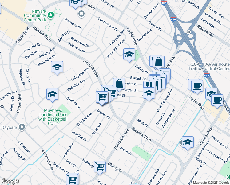 map of restaurants, bars, coffee shops, grocery stores, and more near 36630 Hafner Street in Newark