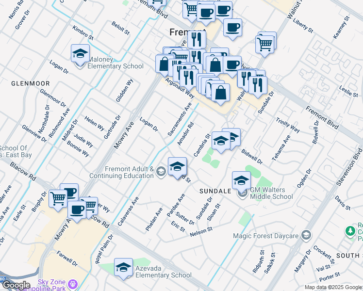 map of restaurants, bars, coffee shops, grocery stores, and more near 4436 Amador Road in Fremont