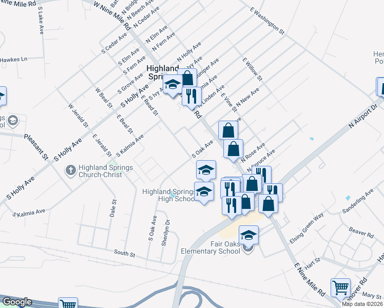 map of restaurants, bars, coffee shops, grocery stores, and more near 518 East Read Street in Highland Springs