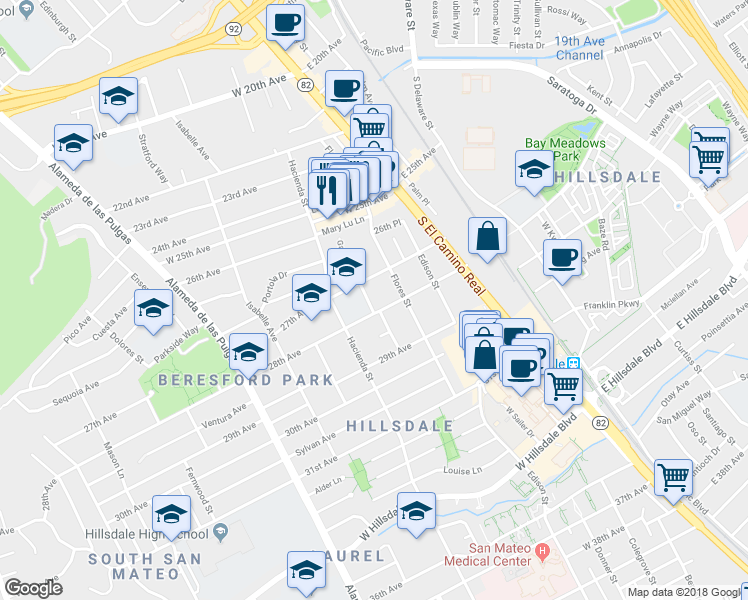 map of restaurants, bars, coffee shops, grocery stores, and more near 2753 Garfield Street in San Mateo