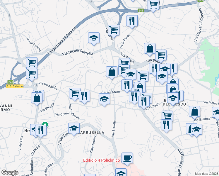 map of restaurants, bars, coffee shops, grocery stores, and more near 11 Via Vitaliano Brancati in Gravina di Catania