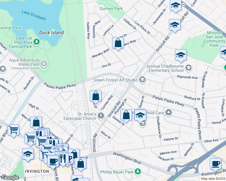 map of restaurants, bars, coffee shops, grocery stores, and more near 2253 Kalenda Common in Fremont