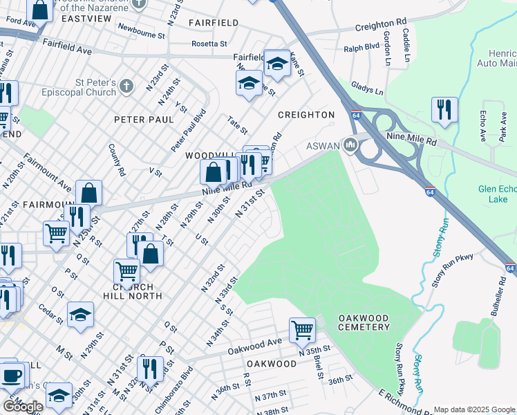 map of restaurants, bars, coffee shops, grocery stores, and more near 1665 North 31st Street in Richmond