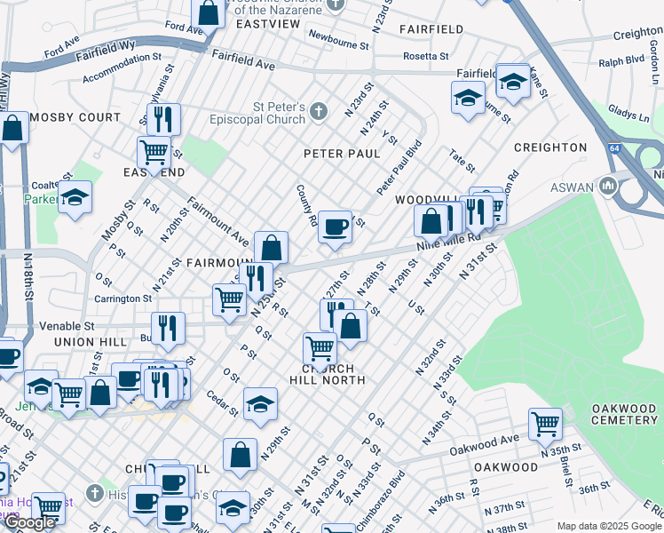 map of restaurants, bars, coffee shops, grocery stores, and more near 1326 North 26th Street in Richmond