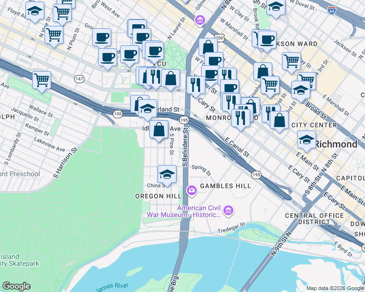 map of restaurants, bars, coffee shops, grocery stores, and more near in Richmond