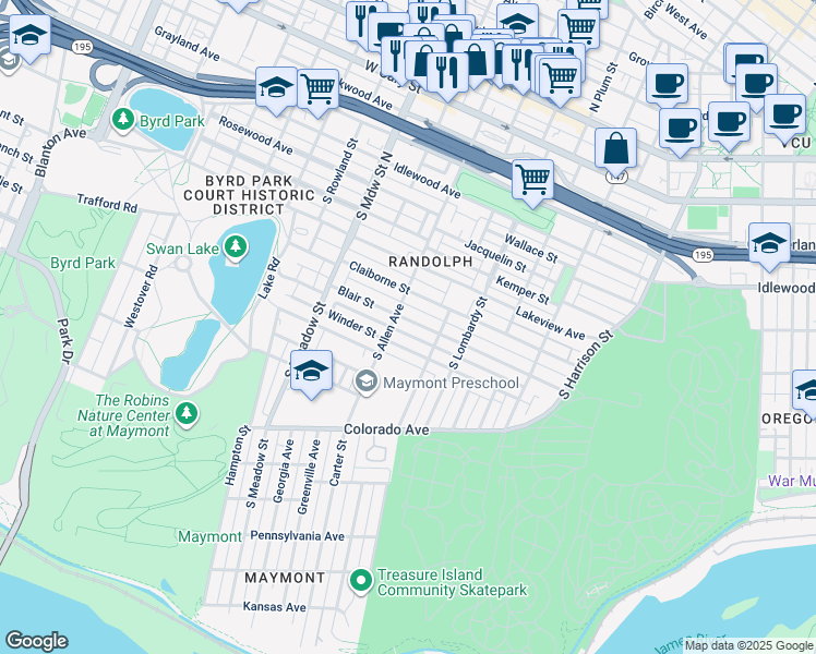 map of restaurants, bars, coffee shops, grocery stores, and more near 1734 Winder Street in Richmond