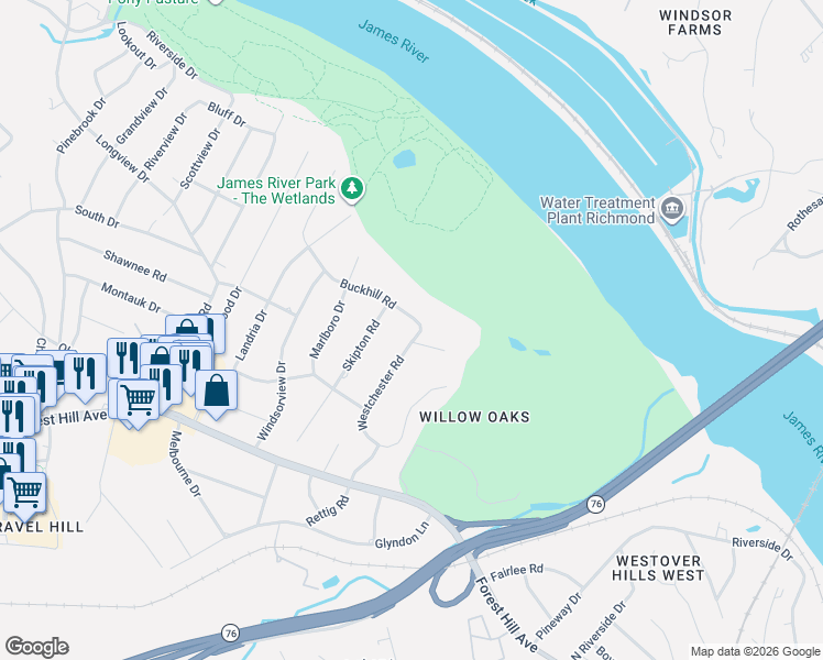 map of restaurants, bars, coffee shops, grocery stores, and more near 6405 Buckhill Road in Richmond