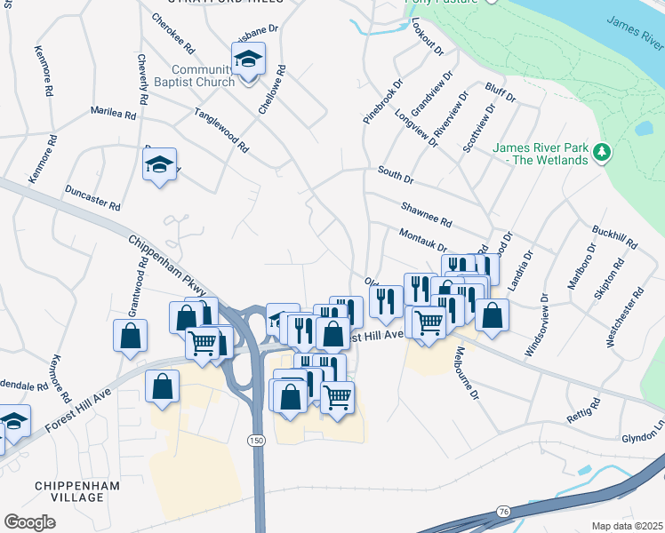 map of restaurants, bars, coffee shops, grocery stores, and more near 7123 Old Westham Road in Richmond