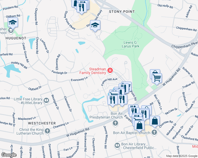 map of restaurants, bars, coffee shops, grocery stores, and more near 9230 Forest Hill Avenue in Richmond