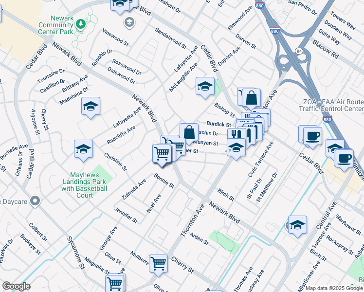 map of restaurants, bars, coffee shops, grocery stores, and more near 36630 Hafner Street in Newark