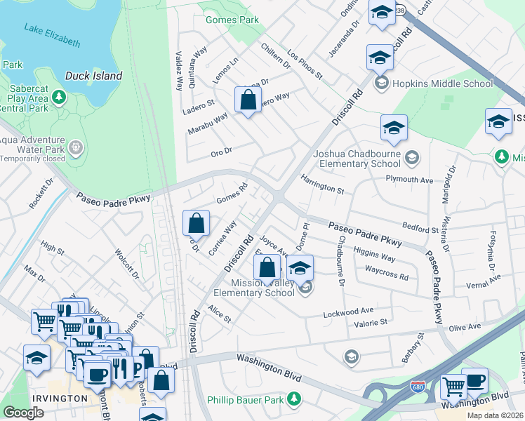 map of restaurants, bars, coffee shops, grocery stores, and more near 41299 Paseo Padre Parkway in Fremont