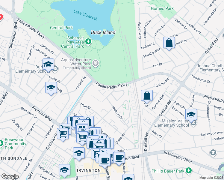 map of restaurants, bars, coffee shops, grocery stores, and more near 40710 Penn Lane in Fremont
