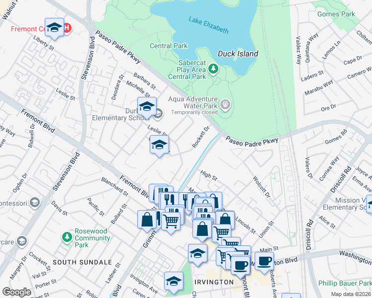 map of restaurants, bars, coffee shops, grocery stores, and more near 3348 Rockett Drive in Fremont
