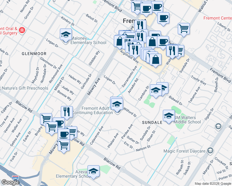 map of restaurants, bars, coffee shops, grocery stores, and more near 4507 Calaveras Avenue in Fremont