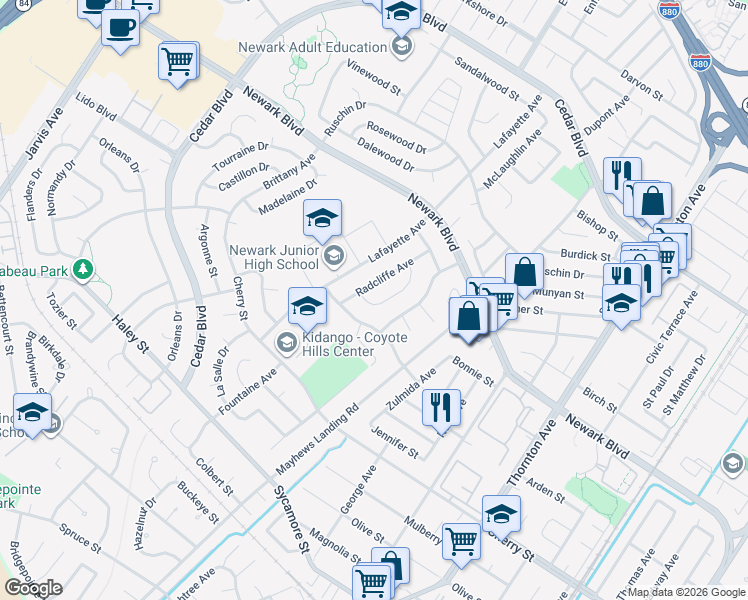 map of restaurants, bars, coffee shops, grocery stores, and more near 6181 Bennington Drive in Newark