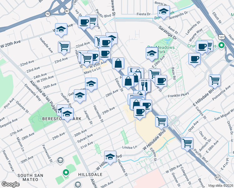 map of restaurants, bars, coffee shops, grocery stores, and more near 60 29th Avenue in San Mateo