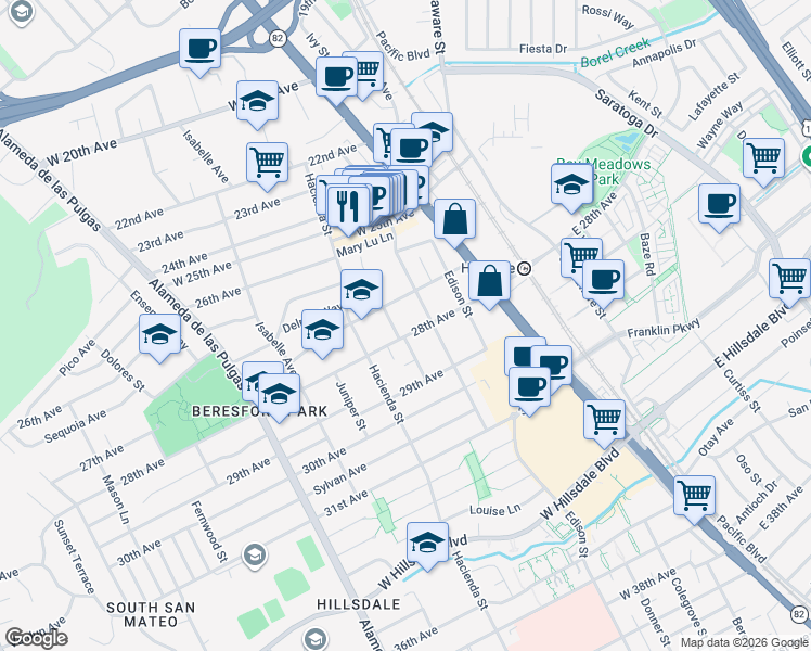map of restaurants, bars, coffee shops, grocery stores, and more near 2753 Garfield Street in San Mateo