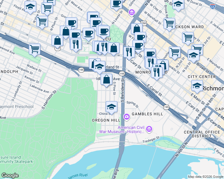 map of restaurants, bars, coffee shops, grocery stores, and more near 708 Albemarle Street in Richmond