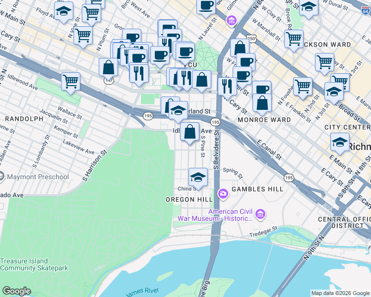 map of restaurants, bars, coffee shops, grocery stores, and more near 815 Albemarle Street in Richmond