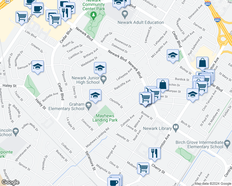 map of restaurants, bars, coffee shops, grocery stores, and more near 6181 Bennington Drive in Newark