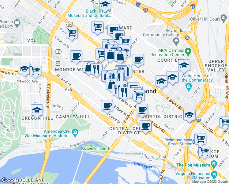 map of restaurants, bars, coffee shops, grocery stores, and more near 2 North 5th Street in Richmond