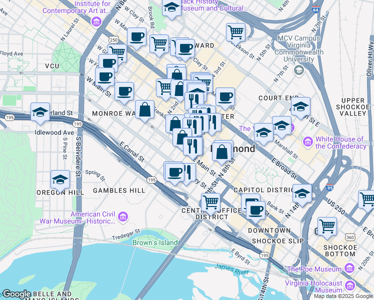 map of restaurants, bars, coffee shops, grocery stores, and more near 2 North 5th Street in Richmond