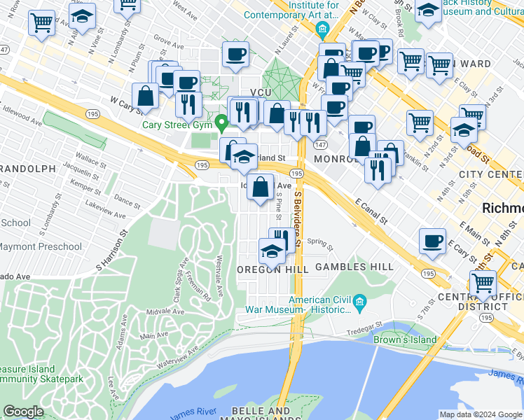 map of restaurants, bars, coffee shops, grocery stores, and more near 349 South Laurel Street in Richmond