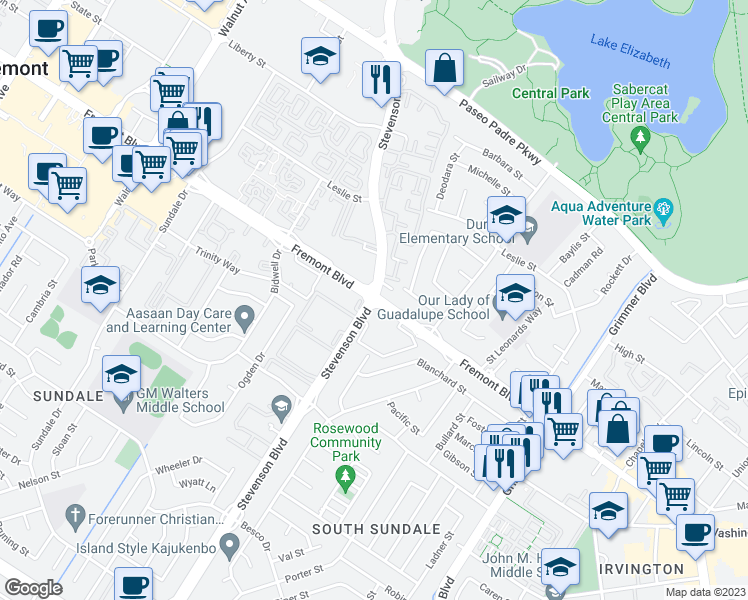 map of restaurants, bars, coffee shops, grocery stores, and more near Fremont Blvd & Stevenson Blvd in Fremont