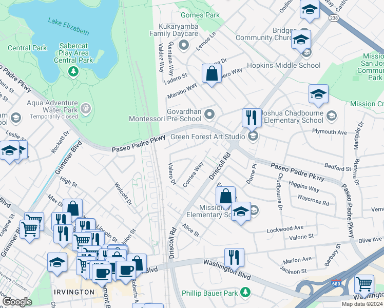 map of restaurants, bars, coffee shops, grocery stores, and more near 2323 Abaca Way in Fremont