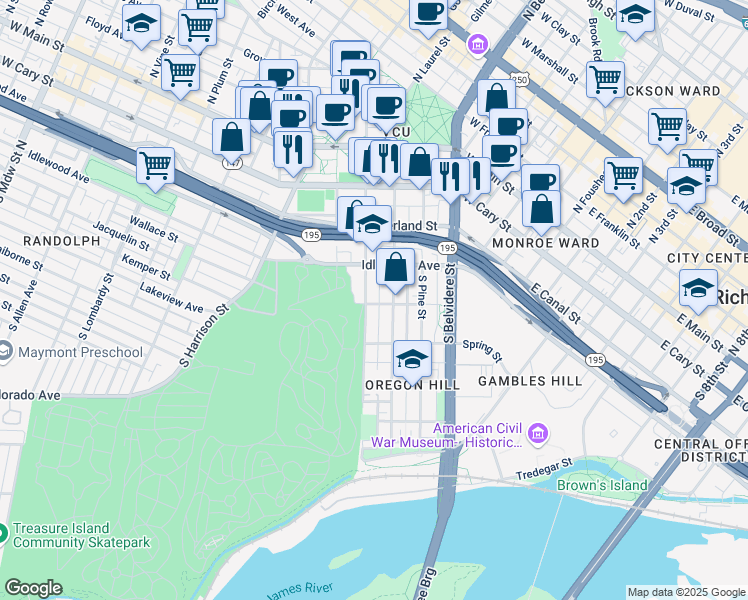 map of restaurants, bars, coffee shops, grocery stores, and more near 812 Albemarle Street in Richmond
