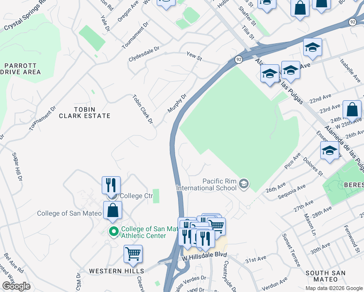 map of restaurants, bars, coffee shops, grocery stores, and more near 36 Live Oak Drive in San Mateo