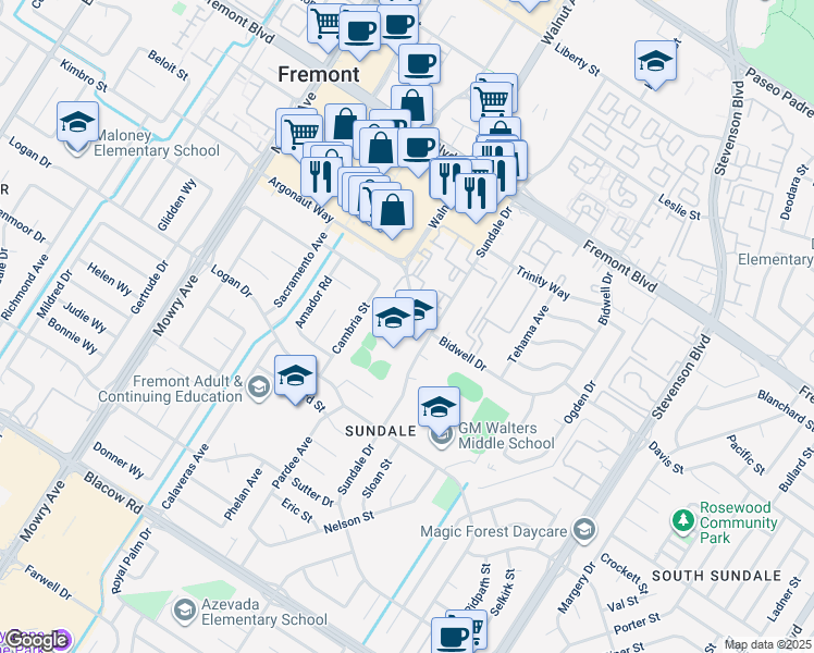 map of restaurants, bars, coffee shops, grocery stores, and more near 39201 Sundale Drive in Fremont