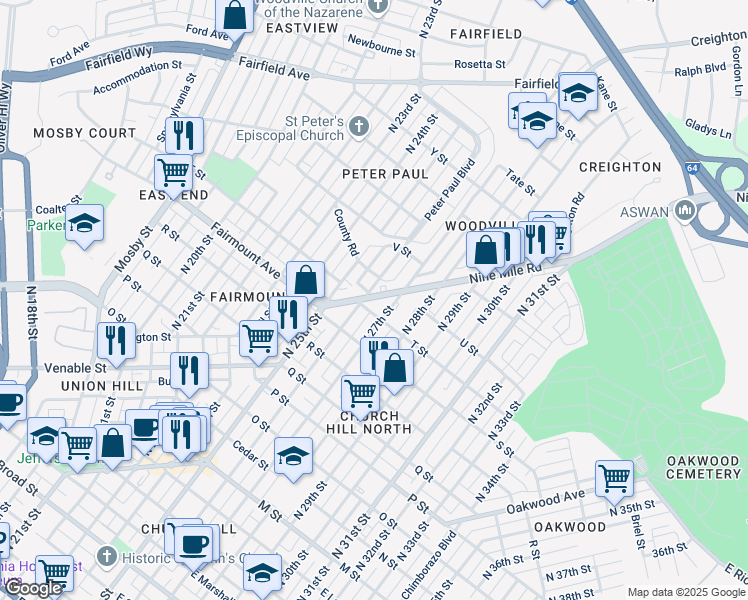 map of restaurants, bars, coffee shops, grocery stores, and more near 1326 North 26th Street in Richmond