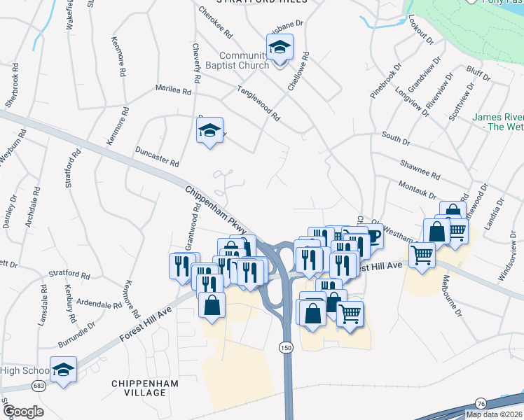 map of restaurants, bars, coffee shops, grocery stores, and more near 7400 Chippenham Parkway in Richmond