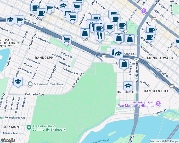 map of restaurants, bars, coffee shops, grocery stores, and more near 513 South Harrison Street in Richmond