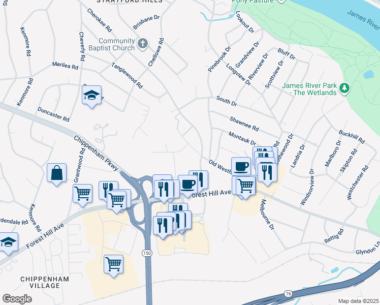 map of restaurants, bars, coffee shops, grocery stores, and more near 7123 Old Westham Road in Richmond
