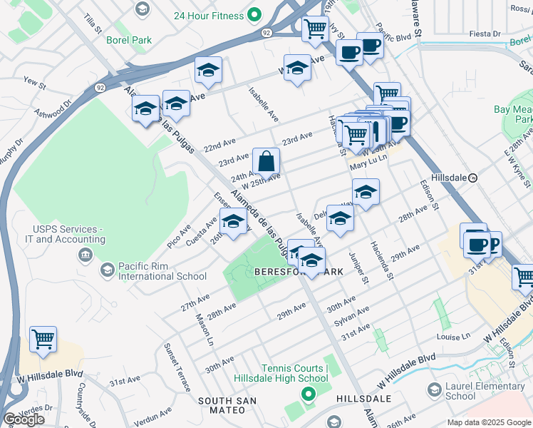 map of restaurants, bars, coffee shops, grocery stores, and more near 448 Buena Vista Avenue in San Mateo
