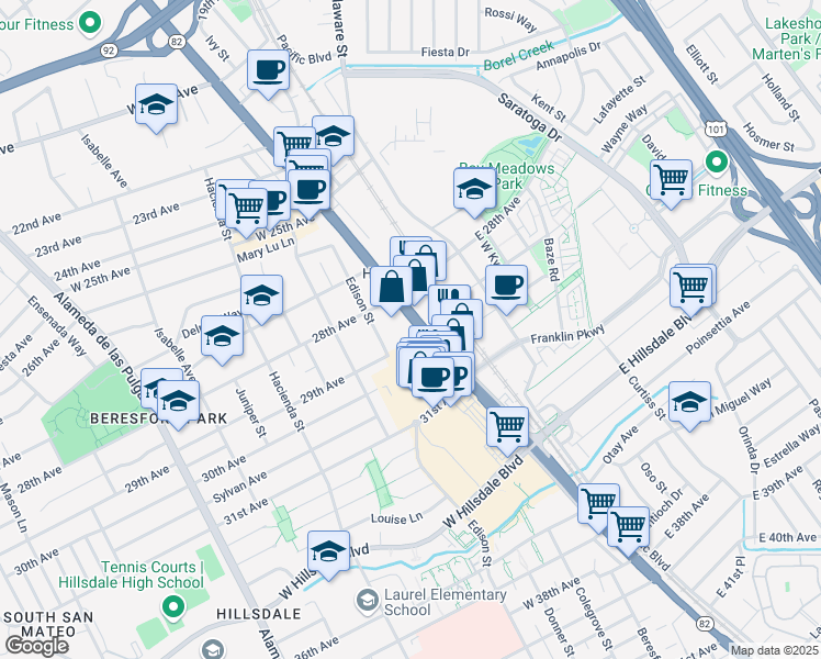 map of restaurants, bars, coffee shops, grocery stores, and more near 2900 South El Camino Real in San Mateo