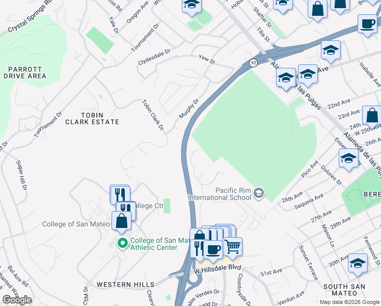 map of restaurants, bars, coffee shops, grocery stores, and more near 36 Live Oak Drive in San Mateo