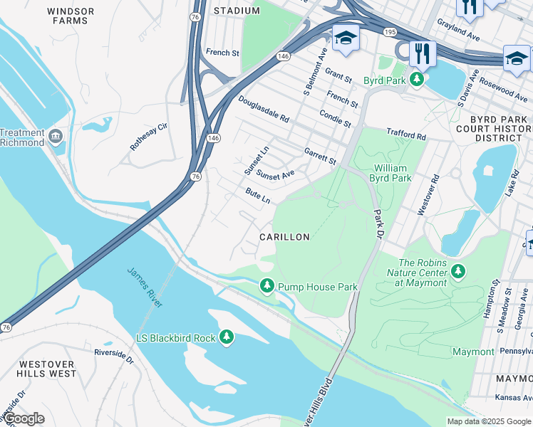 map of restaurants, bars, coffee shops, grocery stores, and more near 1404 Pump House Drive in Richmond