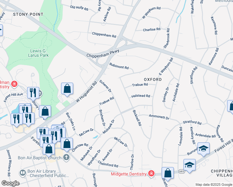map of restaurants, bars, coffee shops, grocery stores, and more near 3101 Scherer Drive in Richmond