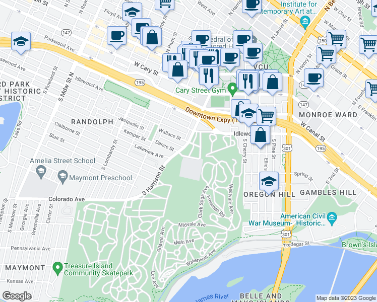 map of restaurants, bars, coffee shops, grocery stores, and more near 511 South Harrison Street in Richmond