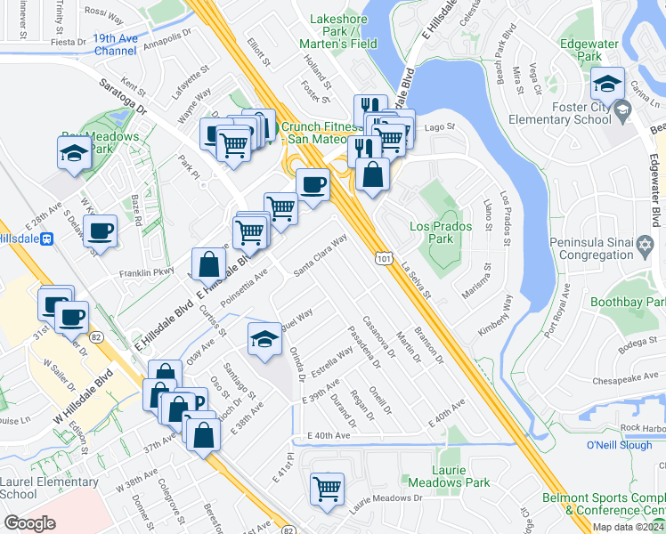 map of restaurants, bars, coffee shops, grocery stores, and more near 3513 Casanova Drive in San Mateo