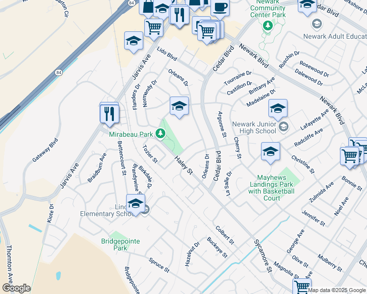 map of restaurants, bars, coffee shops, grocery stores, and more near 6887 Cabernet Avenue in Newark