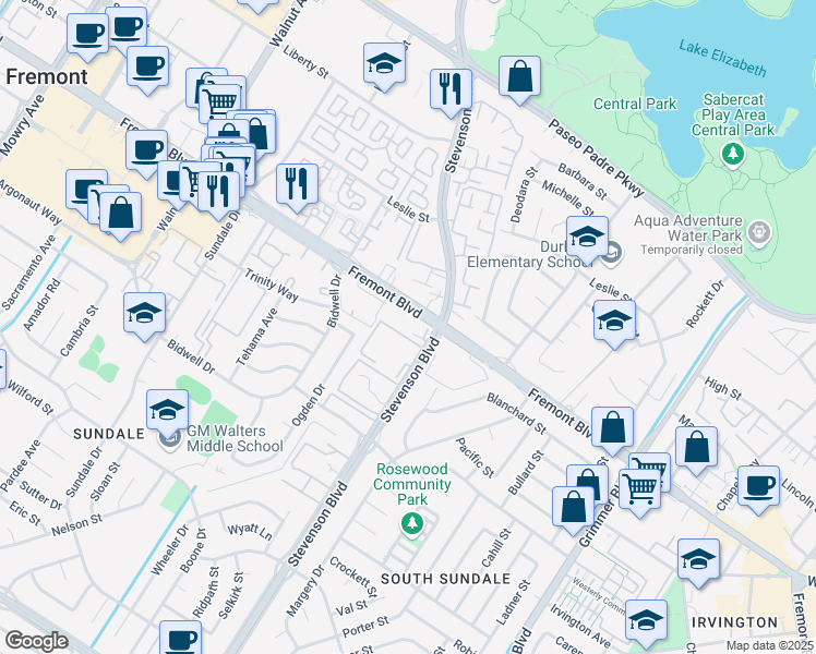 map of restaurants, bars, coffee shops, grocery stores, and more near 39993 Fremont Boulevard in Fremont