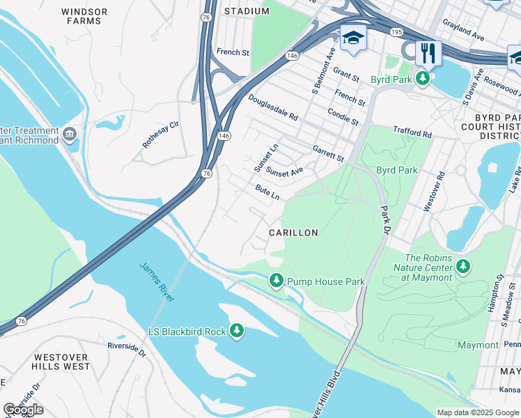map of restaurants, bars, coffee shops, grocery stores, and more near 4 Tow Path Circle in Richmond